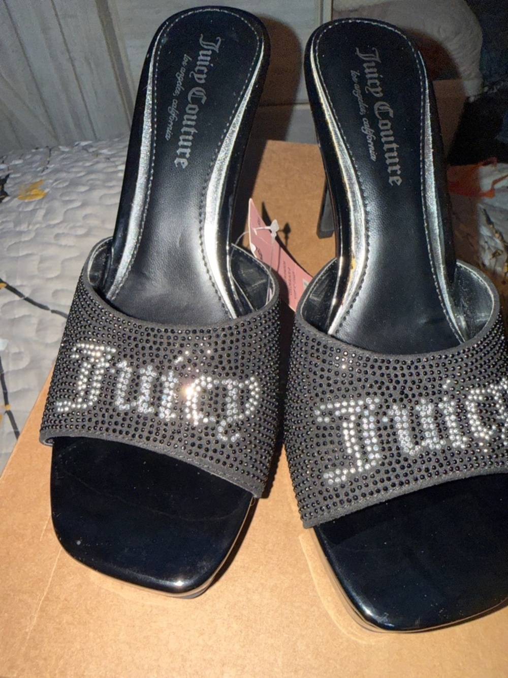 Juicy Couture Black Crystal-Embellished Slide Mules